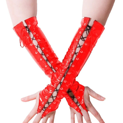Wet Look Long Black Red PVC Women Hang Finger Bandage Gloves Ladies Faux Leather Lacing Adjust Gloves Night Club Sexy Costumes