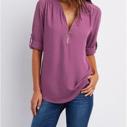 Summer Women Cool Loose Shirt Deep V Neck Chiffon Blouse Casual Ladies Tops Sexy Zipper Pullover Plus Size Long Sleeve Fashion