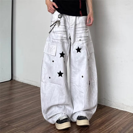 2026 Autumn High Street Fashion Y2K Baggy Straight Jeans For Men Star Graphic Printed Distressed Multi-Pocket Cargo Denim Pants