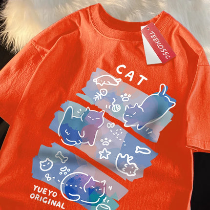 Fun Mischievous Cat Print Japanese Style T-Shirts Men Women Fashion T-Shirts Breathable Summer T-Shirts Cotton Loose Tee Clothes