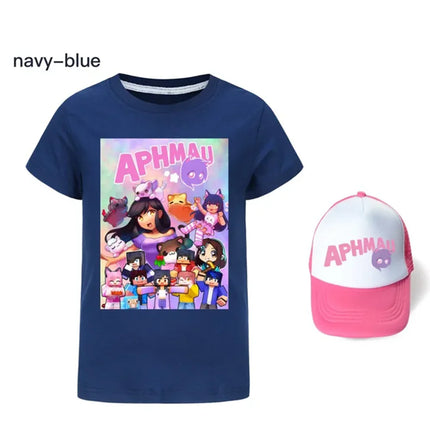 Anime Aphmau Tshit Kids Summer Clothes Baby Girls Cartoon T-Shirt + Sunhat 2pcs Set Boys Short Sleeve Casual Tops Children Tees