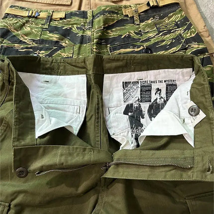 100% Cotton Dense Thick American Retro M-65 Workwear Pants Tiger Pattern Camouflage M51 Multi Pocket Green Loose Straight Pants