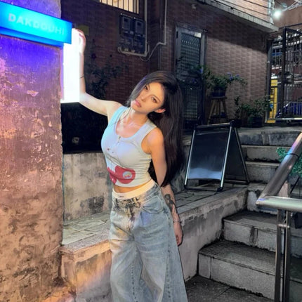 Blue Cherry Print Crop Top Women's Summer Slim Fit High Street Short Zipper Trendy Strap Vest Sweet Style 8-24 Years Old