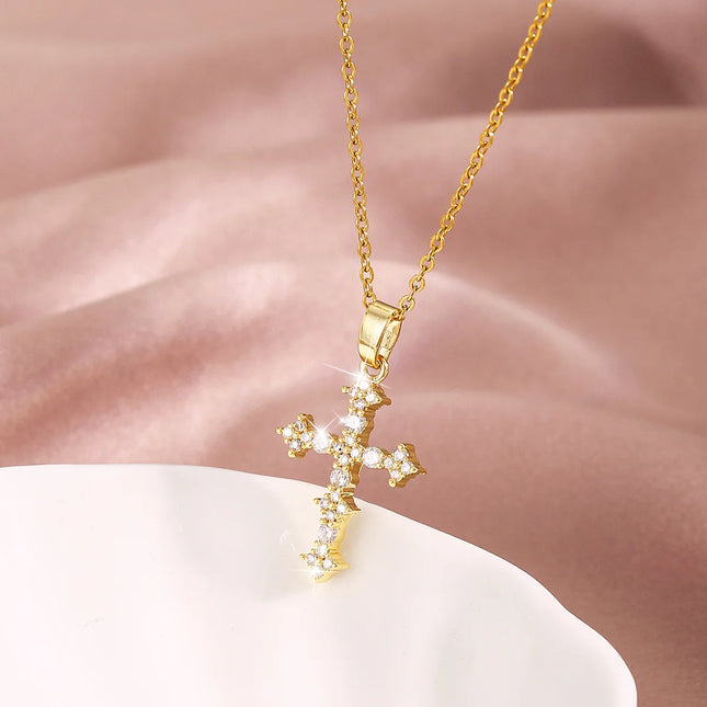 Female Full Zircon Big Cross Pendant Chains Necklaces For Women Gold Color Metal White Stone Clavicle Necklace Birthday Jewelry