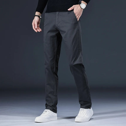 New Pure 97% Cotton Casual Pants for Men Black Khaki Gray Blue Business Slim Straight Elastic Fashion Casual Long Pants Male