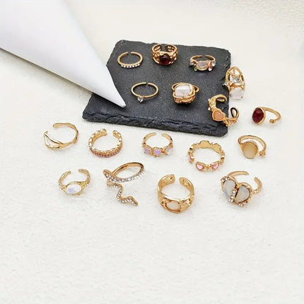 10/17Pieces Fashion Heart & Cat Eye Opal Ring Set For Women Mix Style Open Adjustion Daily Jewelry Party Gifts