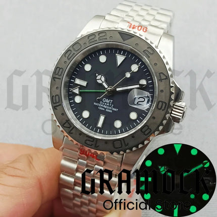 40mm GMT Men's Watch Ceramic Bezel Sapphire Glass Luminous Dial 10Bar Waterproof Sapphire Glass Stainless Steel Glideclas