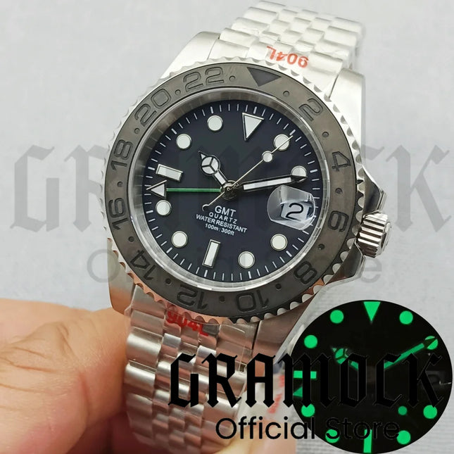 40mm GMT Men's Watch Ceramic Bezel Sapphire Glass Luminous Dial 10Bar Waterproof Sapphire Glass Stainless Steel Glideclas