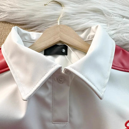 Splice Color Stripe Pu Leather Lapel Collar T Shirt Black Purple Red Polo Shirt Men Women High Quality Casual Short Sleeve Tops