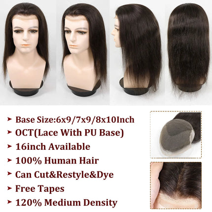 Natural Black Long Men's Hairpiece Human Hair Toupee For Men Breathable Lace PU Men's Capillary Replacement Hair System For Man