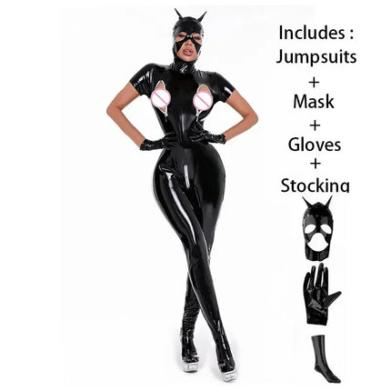 Sexy Hot Cat Woman Wetlook Faux Leather Catsuit PVC Latex Bodysuit Crotchless Breast Zipper Stretch Latex Jumpsuits