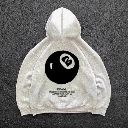 Retro 8-ball pattern hooded men's streetwear,oversized pullover, casual and fashionable sportswear, daily wear and hip-hop style