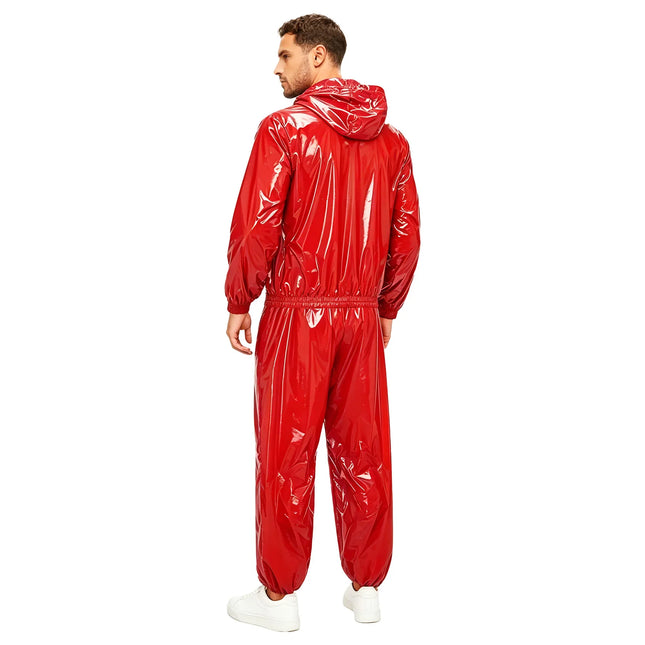 Mens Sauna Tracksuit Set Zipper Hoodie Drawstring Pants Waterproof Long Sleeve Front Zip-up Drawstring Hood Jacket with Pants