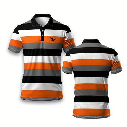 Men's Fashion Orange Striped Logo Print Sporty Short Sleeve Shirt, Machine Washable, Button-Up Casual Top with Retro Design