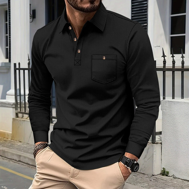 Men's Waffle Knit Polo Henley Shirt - Casual Long Sleeve Turn Down Collar Chest Pocket Button Tee
