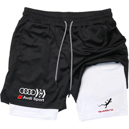 Audi Logo Men's Sports Shorts Double-Layer Quick-Drying Breathable Casual Sportswear for Running M-3XL