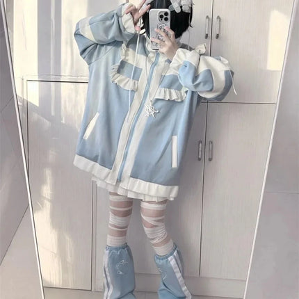 Japanese Y2K aesthetic Lolita style women's Harajuku style zip-up sweatshirt loose jacket autumn decadent casual ruffled patchwo