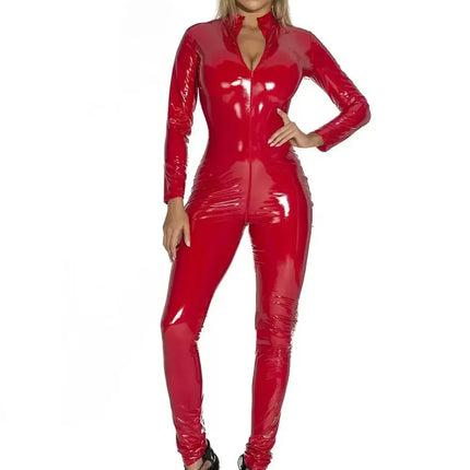 Red Black Glossy PVC Leather Bodysuit For Women Porn Double Zipper Open Crotch Costume Shiny Latex Jumpsuit Long Sleeve Catsuit