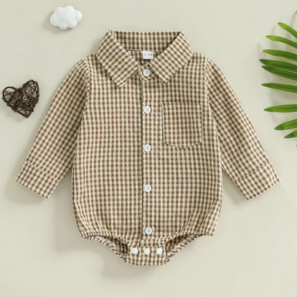 Pudcoco Baby Boys Plaid Romper Button-down Long Sleeve Lapel Neck Adorable Fall Jumpsuits