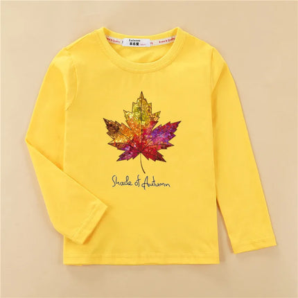 Autumn Maple Leaf T-Shirts Kids Long Sleeve Shirts Boys Fashion Print Tops Girls Spring Cotton Clothing 3-14T
