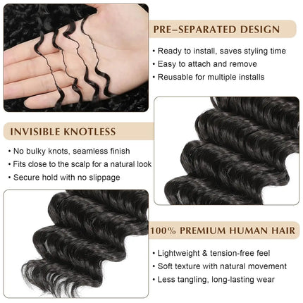 100% Human Hair Bulk For Braiding Deep Wave Feather Crochet Pre-Separated Miracle Knots Invisible Boho Braids Extension