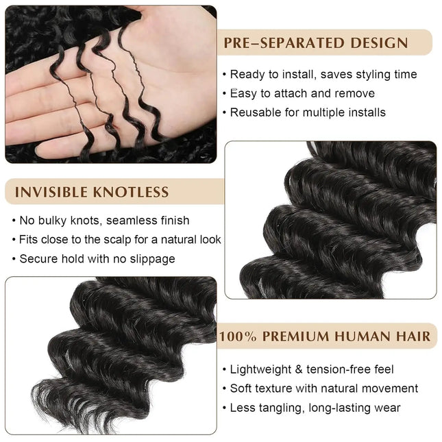 100% Human Hair Bulk For Braiding Deep Wave Feather Crochet Pre-Separated Miracle Knots Invisible Boho Braids Extension