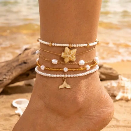 Bohemia Multilayer Rice Bead Anklet Set for Women Fashion Starfish Pendant Anklets Summer Sandy Beach Ankle Chain On Leg Jewelry