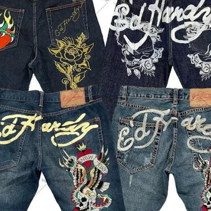 Mens Jeans Streetwear Y2K Vintage Straight Leg Denim Pants Skull Rose Flame Print Design Loose Fit Retro Punk Hip Hop Fashion