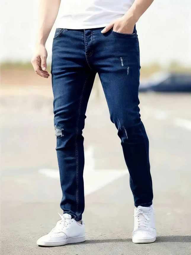 2026 New Fashion Men's Skinny Ripped Jeans Mid Waist Stretch Denim Pants Male's Slim Trousers with Pocket Casual Soft Streetwear