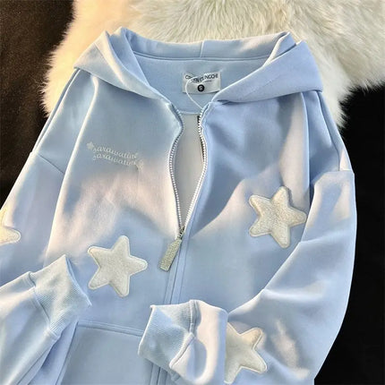 American Vintage Star Patchwork Angel Wings Zipper Hooded for Women Autumn Winter Casual Loose Long Sleeved Cardigan Sweatshirt