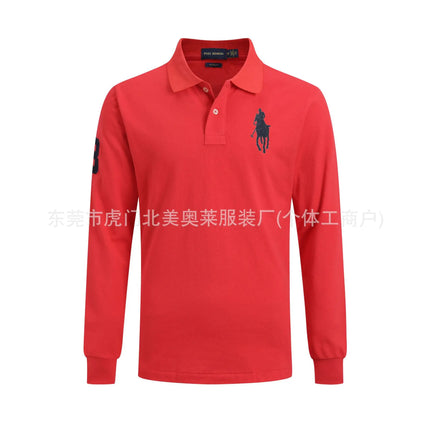 Long Sleeve Pure Cotton Polo Shirt Men's Embroidered Polo Neck T-Shirt Casual Spring Autumn British Style Loose Fit Solid Color