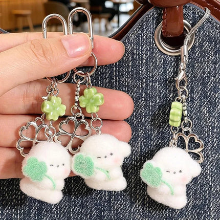 1/2pcs Cute Clover Hug Dog Pendant Keychain Lanyard Flocking Puppy Mobile Phone Straps Pendant Keyring Schoolbag Decorative