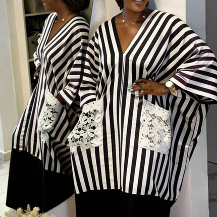 Women's clothing 2026 autumn new style sweet and fresh striped V-neck batsleeves loose large-size dress long dress