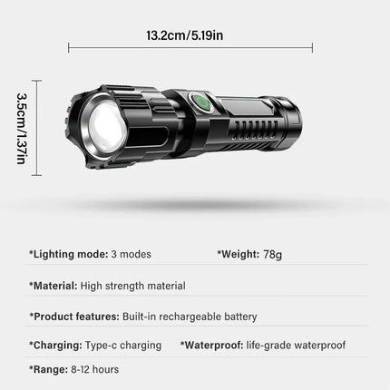 Rechargeable Zoom LED Flashlight Handheld Torch with 3 Modes Waterproof High Power Light Hand Lamp For Working Outdoor Camping