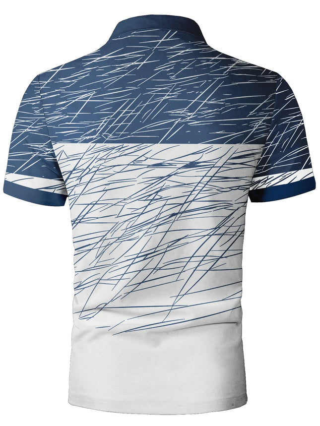 Men's Abstract Line Short-Sleeved Polo Shirt with a Collar, Casual Business Sporty Daily Style, Blue and White 3D Printed Half-Bu [Likely a Typo and Should Be "Half-Buttoned"]