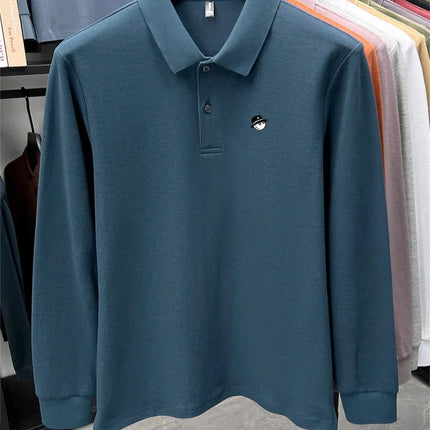 Men's Long-Sleeve Golf Polo Shirt, Branded Print, Spring, 100% Cotton, Comfortable, Breathable, Fashionable, Casual, High-End T-shirt