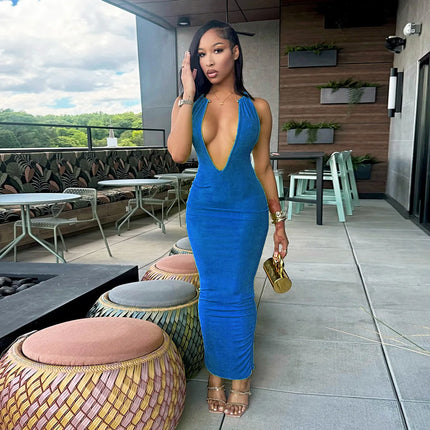 Personalized Street Nightclub Party Dress 2025 New Beach Vacation Dress Sexy Deep V-neck Metal Circle Decoration Slim Long Skirt