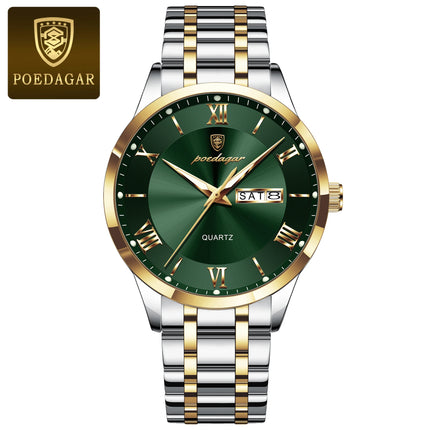 POEDAGAR Luxury Man Clock Waterproof Luminous Week Date Fashion Men's Wristwatch Stainless Steel Business Quartz Watches For Men