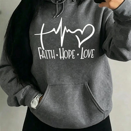 Fashion Faith Hope Love Letter Graphic Hoodies Women Loose Oversized Heart Pulse Print  Sweatshirt Black Daily Casual Hoody