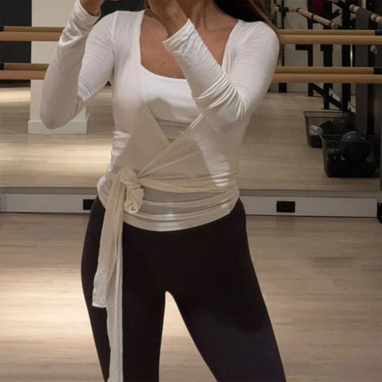 Women's Sexy Cross-Tie Front Yoga Shirt Long Sleeve Solid Color Slim Fit Top for Gym Running Layered Streetwear Looks