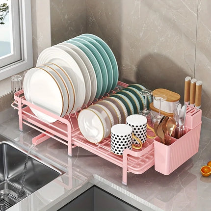 URluna Expandable Plate Dish Drainer Rack with Drainboard, Rustproof Kitchen Counter Organizer (Black & White)