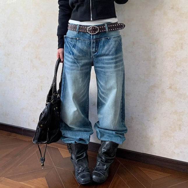 Men's Retro Blue Unisex Jeans Wide Legs Pants Street Sweatpants Young Boys Bottom Male High Waist Y2k Straight Denim Trousers