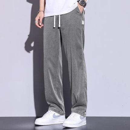 Men's Summer New Ultra Thin Baggy Lyocell Soft Breathable Straight Trousers Elastic Waist Casual Trousers Plus Size M-5XL