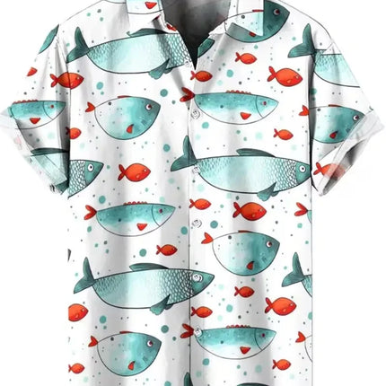 Fish pattern print, men's fashionable short sleeved shirt, loose top, outdoor street, casual and comfortable