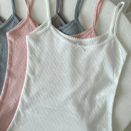 Sweet Floral Print Eyelet Bow Cropped Vests Women Cotton Casual Slim Lace Trim Tank Tops Vintage Preppy Style Cute Camisole Y2K