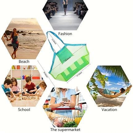Youngsters' Large Mesh Beach Toy Bag with Blue and Green Side Pockets - Durable Seashell Collecting Tote for Sand Toys, Swimming