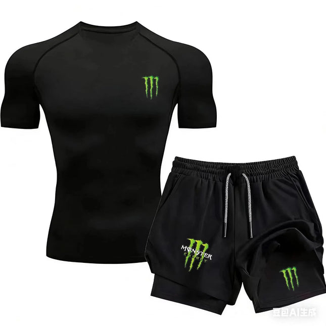Men's Monster Energy Fitness Sportswear Set with Shorts And Tight T-Shirt Ideal for Running