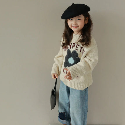 Girls' Letter Flower Pullover Sweater 2024 Spring and Autumn New Korean Children's Fashionable Knitted Sweater Casual Top