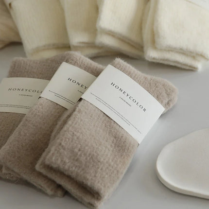 1 Pair Mid Tube Socks for Women Solid Color with Fleece Thickened Warm Floor Socks Winter Thermal Sleep Socks Set High Quality