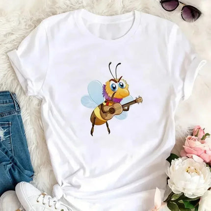 Cartoon Bee Pattern Print Summer Children's Short-Sleeved Shirt Kid Fashion Cotton T-shirt Girl Comfortable Leisure Top Clothes